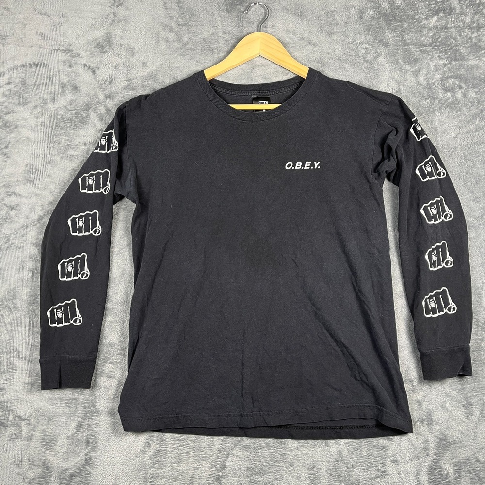Obey Shirt Mens Medium Black Fist Breaking Through A Brick Wall Graphic Print
